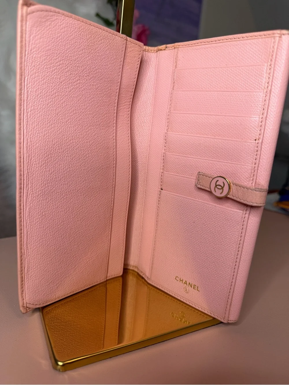 CHANEL Vintage Pink Leather Button Flap Long Wallet Organizer 9-Series